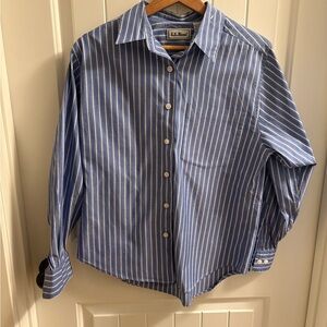 L.L. Bean Women's Blue and White Striped Cotton Button-up Long-sleeve Shirt